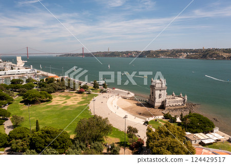Aerial view of Belem Tower with 25 de Abril Bridge 124429517