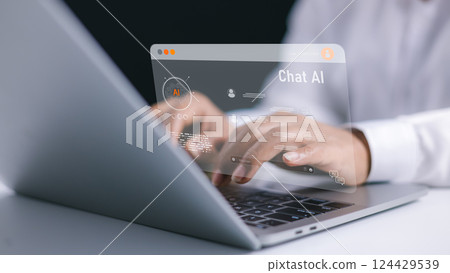 Artificial intelligence in work to help maximize efficiency, AI technology, Human uses AI technology to help analyze big data and use it in human daily life, Future technology data network, Chating. 124429539