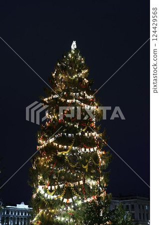 A beautifully illuminated Christmas tree stands out at night in the heart of the city A beautifully illuminated Christmas tree stands out at night in the heart of the city 124429568