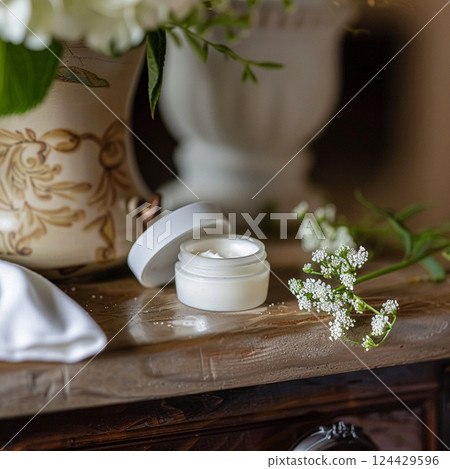 Cosmetic cream in a glass jar. Skin care concept. Background for beauty products 124429596