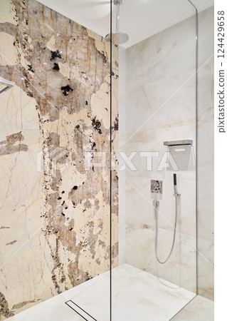 Experience a Modern Shower Design featuring Elegant Marble Walls that are truly breathtaking Experience a Modern Shower Design featuring Elegant Marble Walls that are truly breathtaking 124429658