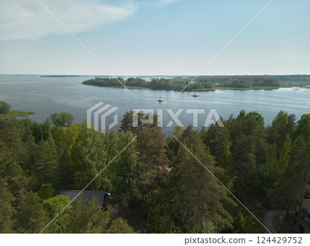 Breathtaking Scenic Aerial View of a Tranquil, Peaceful Lake Surrounded by Lush Green Forest Breathtaking Scenic Aerial View of a Tranquil, Peaceful Lake Surrounded by Lush Green Forest 124429752