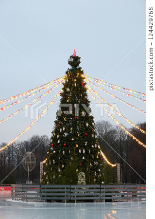 A beautifully decorated Christmas Tree with colorful lights and charming ornaments A beautifully decorated Christmas Tree with colorful lights and charming ornaments 124429768
