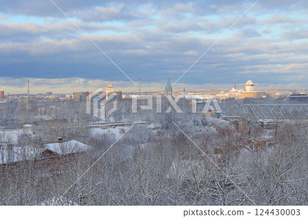 A stunning winter landscape showcasing majestic snowcovered trees alongside a distant city skyline 124430003