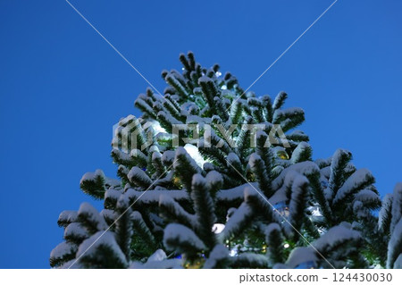 A Majestic SnowCovered Evergreen Tree Standing Tall Against a Clear Blue Sky Above A Majestic SnowCovered Evergreen Tree Standing Tall Against a Clear Blue Sky Above 124430030