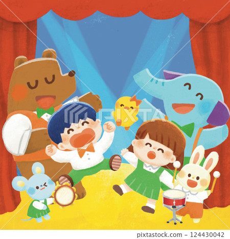 Children and animals enjoying a recital on stage 124430042