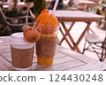 Orange juice on the cafe terrace 124430248