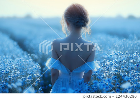 A woman standing in a blue flower field 124430286