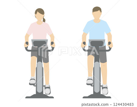 Illustration of a woman and a man riding a fitness bike 124430483