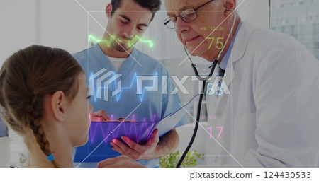 Image of cardiograph over caucasian male doctor examining his patient 124430533