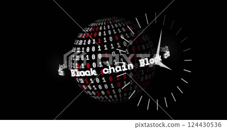 Image of globe with clock and block chain texts over binary coding 124430536
