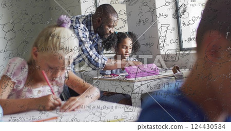 Image of chemical formula over diverse schoolchildren and teacher in classroom Image of chemical formula over diverse schoolchildren and teacher in classroom 124430584