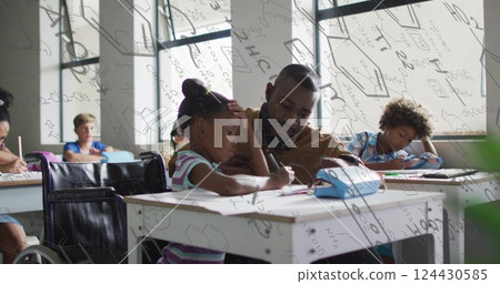 Image of chemical equations over african american male teacher with diverse schoolchildren Image of chemical equations over african american male teacher with diverse schoolchildren 124430585