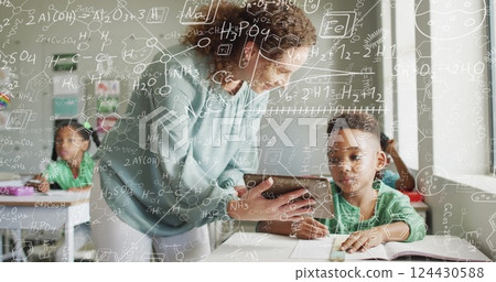 Image of chemical equations over biracial female teacher learning with diverse schoolchildren 124430588