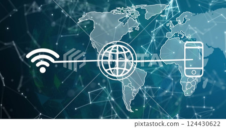 Image of data processing and network of connections over world map 124430622