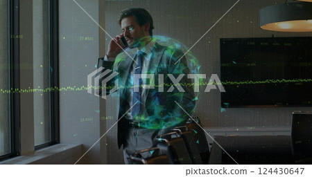 Image of data processing and globe over caucasian man talking on smartphone 124430647