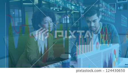 Image of financial data processing over diverse business people in office 124430650