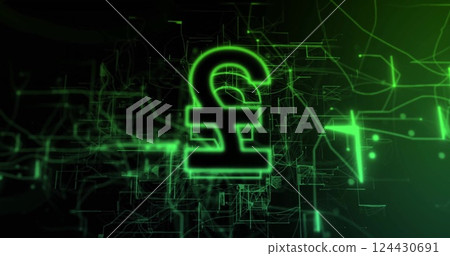 Image of british pound sign and data processing over black background 124430691