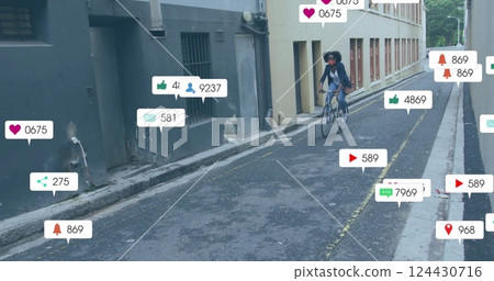 Image of icons and data processing over african american woman riding bike Image of icons and data processing over african american woman riding bike 124430716