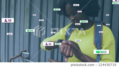 Image of icons and data processing over african american woman using smartwatch 124430719