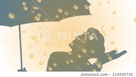 Silhouetted person holding umbrella over falling Bitcoin symbols, representing financial protection Silhouetted person holding umbrella over falling Bitcoin symbols, representing financial protection 124430730