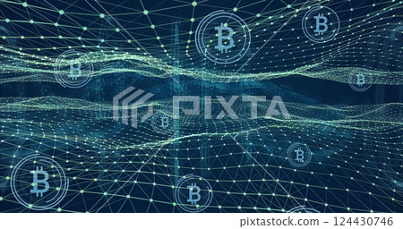 Bitcoin symbols and blockchain network image over digital landscape 124430746