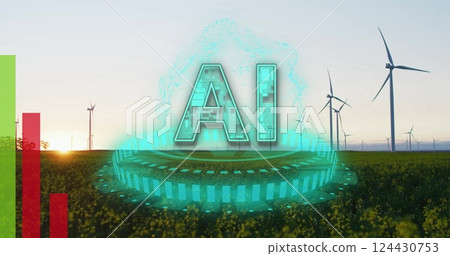 AI text and data processing over wind turbines in green field AI text and data processing over wind turbines in green field 124430753