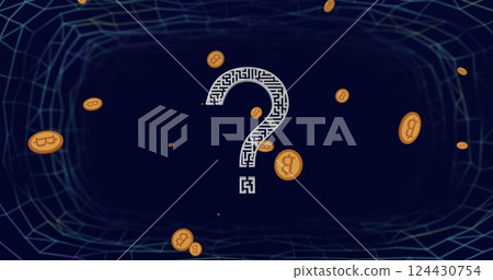 Question mark with maze pattern and bitcoins over dark blue digital network Question mark with maze pattern and bitcoins over dark blue digital network 124430754