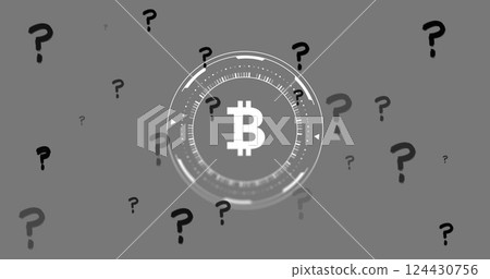 Bitcoin symbol surrounded by question marks, digital currency uncertainty concept 124430756