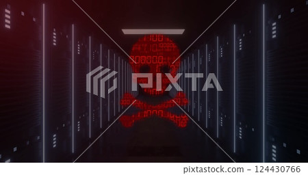 Red circuitry and digital skull image over dark server room background Red circuitry and digital skull image over dark server room background 124430766