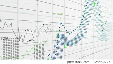 Image of financial data processing over grid on white background Image of financial data processing over grid on white background 124430773