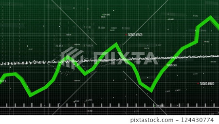 Image of financial data processing over grid on dark background Image of financial data processing over grid on dark background 124430774