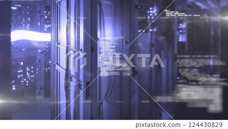 Digital code and data processing image over server racks in data center 124430829