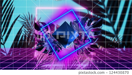 Image of neon frame and 3d diamond moving over tropical leaves background Image of neon frame and 3d diamond moving over tropical leaves background 124430870