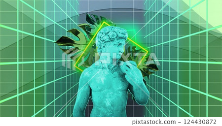 Green statue with grid lines and geometric shapes, futuristic image background 124430872