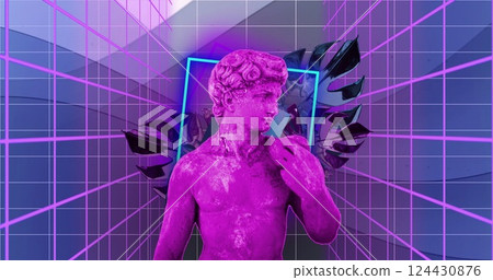 Green statue with grid lines and geometric shapes, futuristic image background 124430876