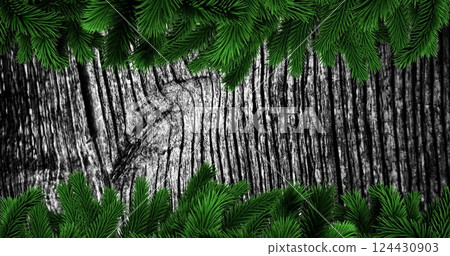 Green pine branches framing weathered wooden texture, creating festive image Green pine branches framing weathered wooden texture, creating festive image 124430903