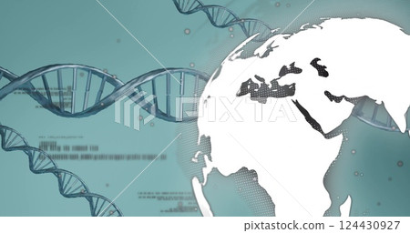 Image of dna strands and globe on gray background 124430927
