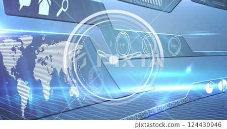 Image of moving clock over digital interface with world map on grey background 124430946