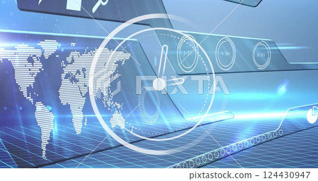 Image of moving clock over digital interface with world map on grey background Image of moving clock over digital interface with world map on grey background 124430947
