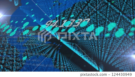 Image of data processing with world map on black background 124430949