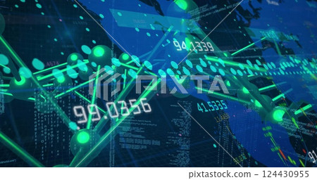 Image of data processing over network of connections on black background Image of data processing over network of connections on black background 124430955