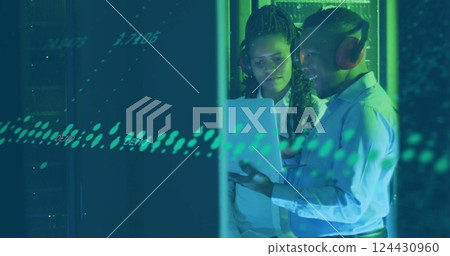 Image of financial data processing over african american colleagues working in server room 124430960