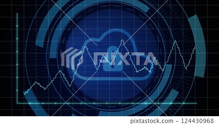 Image of digital data processing over padlock and cloud icon on black background Image of digital data processing over padlock and cloud icon on black background 124430968