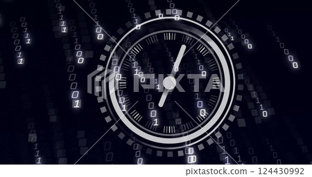 Image of moving clock over data processing on black background Image of moving clock over data processing on black background 124430992