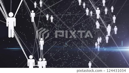 Image of network of connections with icons over light trails on black background Image of network of connections with icons over light trails on black background 124431034