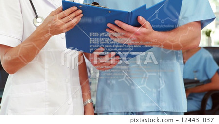 Image of data processing and chemical formula over diverse doctors reading documents Image of data processing and chemical formula over diverse doctors reading documents 124431037