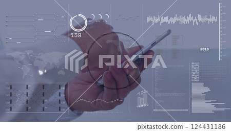 Image of globe and data processing over caucasian man using smartphone in office 124431186