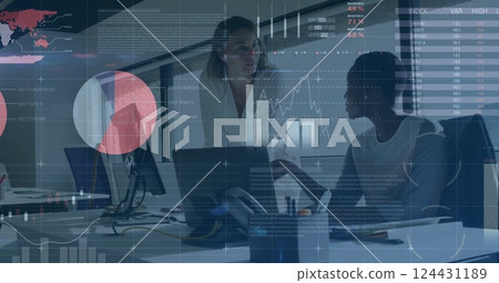 Image of financial data processing over diverse colleagues discussing work in office 124431189