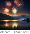 Illustration of fireworks reflected on a lake 124431202